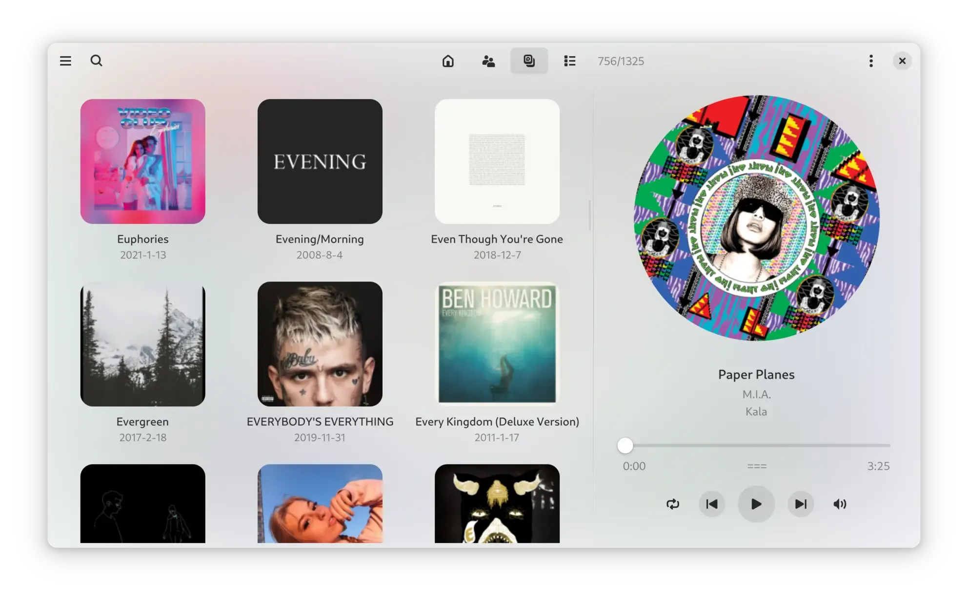 A screenshot of a GNOME app. It displays a grid of album covers on the left, and a music player on the right.