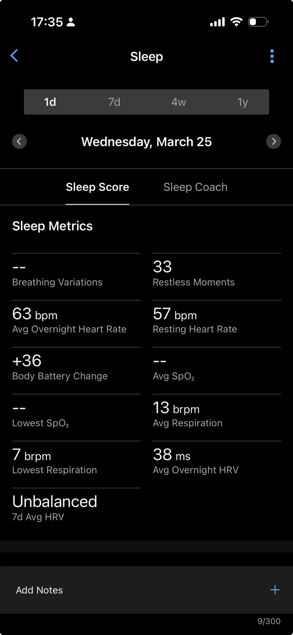 A screenshot of the Garmin Connect app showing several metrics from the past night.