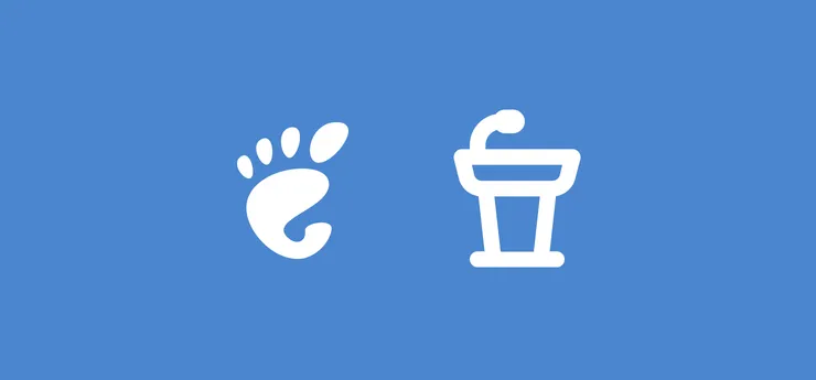 A banner with the GNOME logo and the icon of a podium
