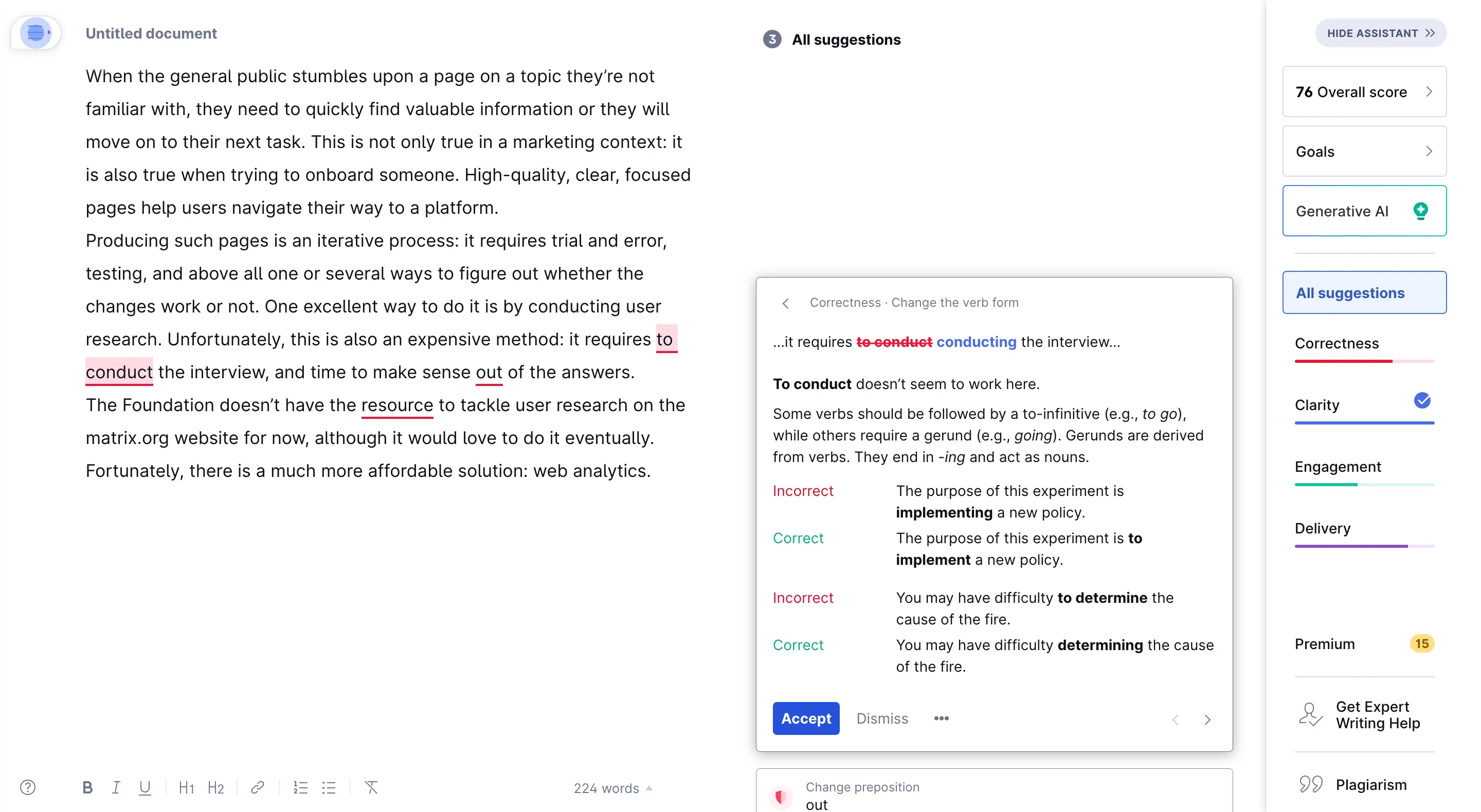 A screenshot of the same UI as described in the first screenshot. It focuses on one suggestion. The suggestion is to change "it requires to conduct the interview" to "it requires conducting the interview." In the suggestion frame, "to conduct" is struck through, and "conducting" is written in bold. Below, there is an explanation of why this was suggested.