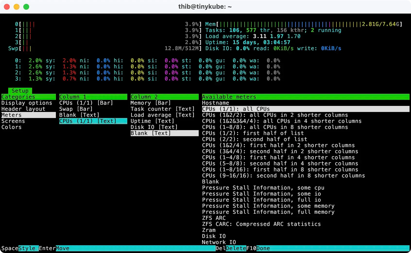 A screenshot of the htop CLI. It shows the different meters that htop can display.