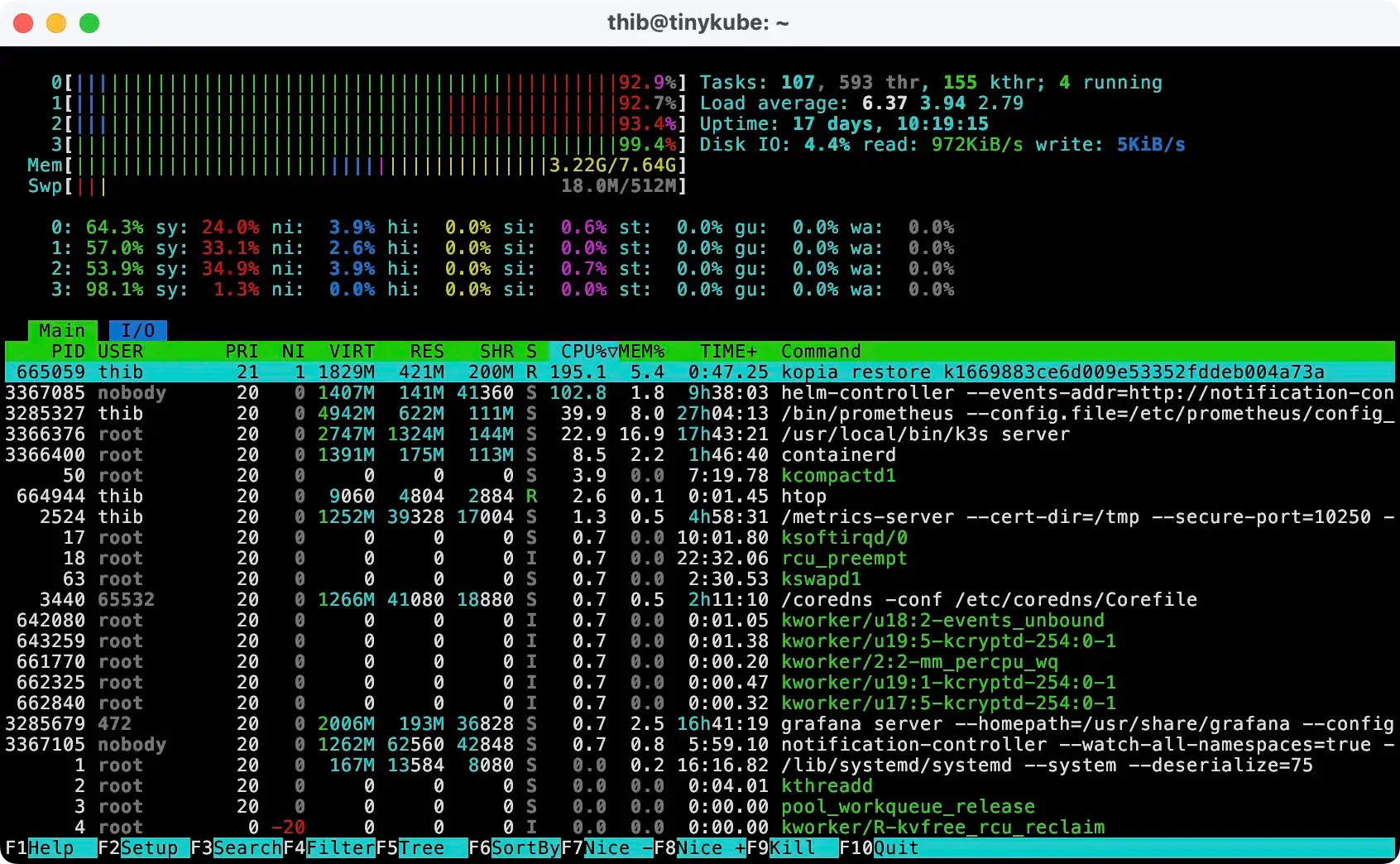A screenshot of htop showing all CPUs at maximum capacity, with a wait time of 0%, while kopia restore is running.