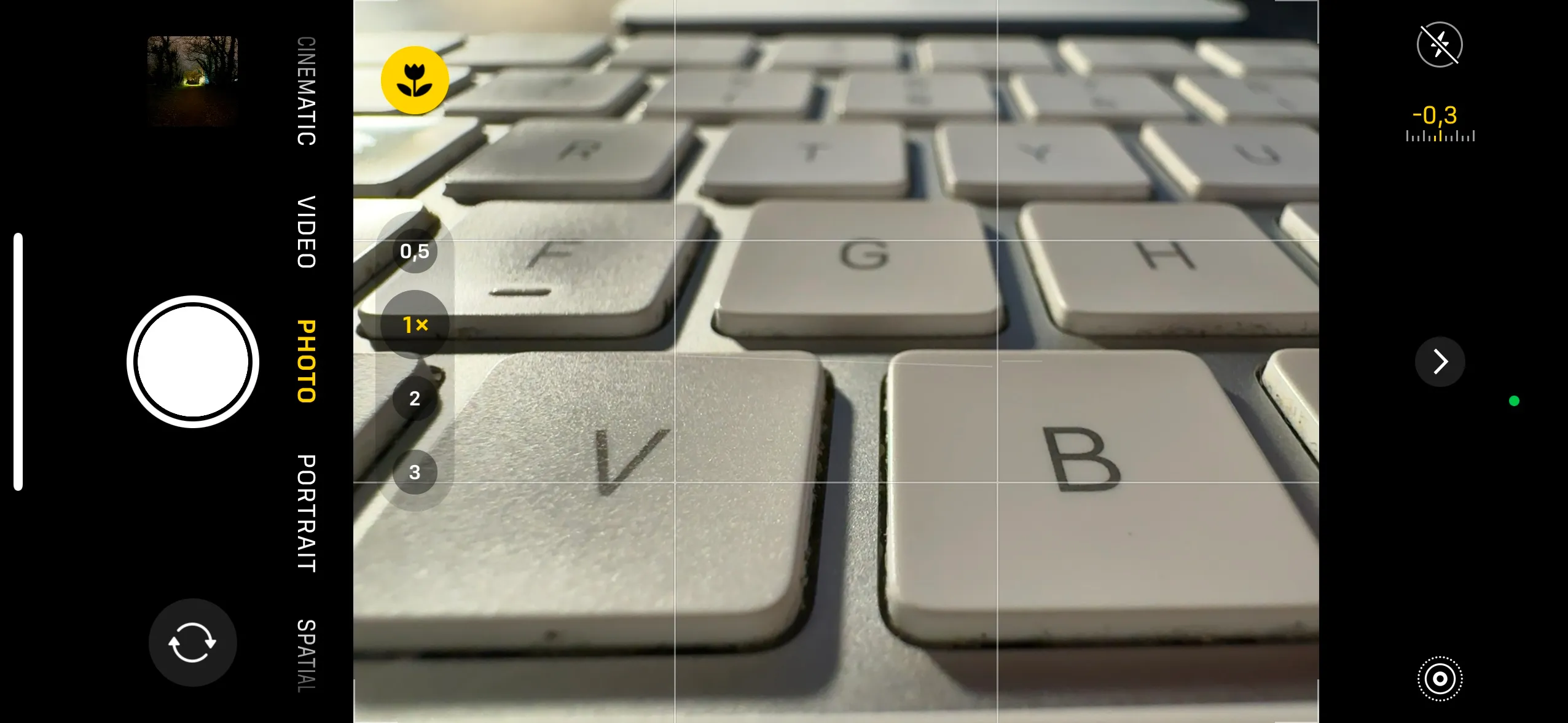 A screenshot of the camera app of the iPhone in landscape mode. The preview is looking blurry and oily.