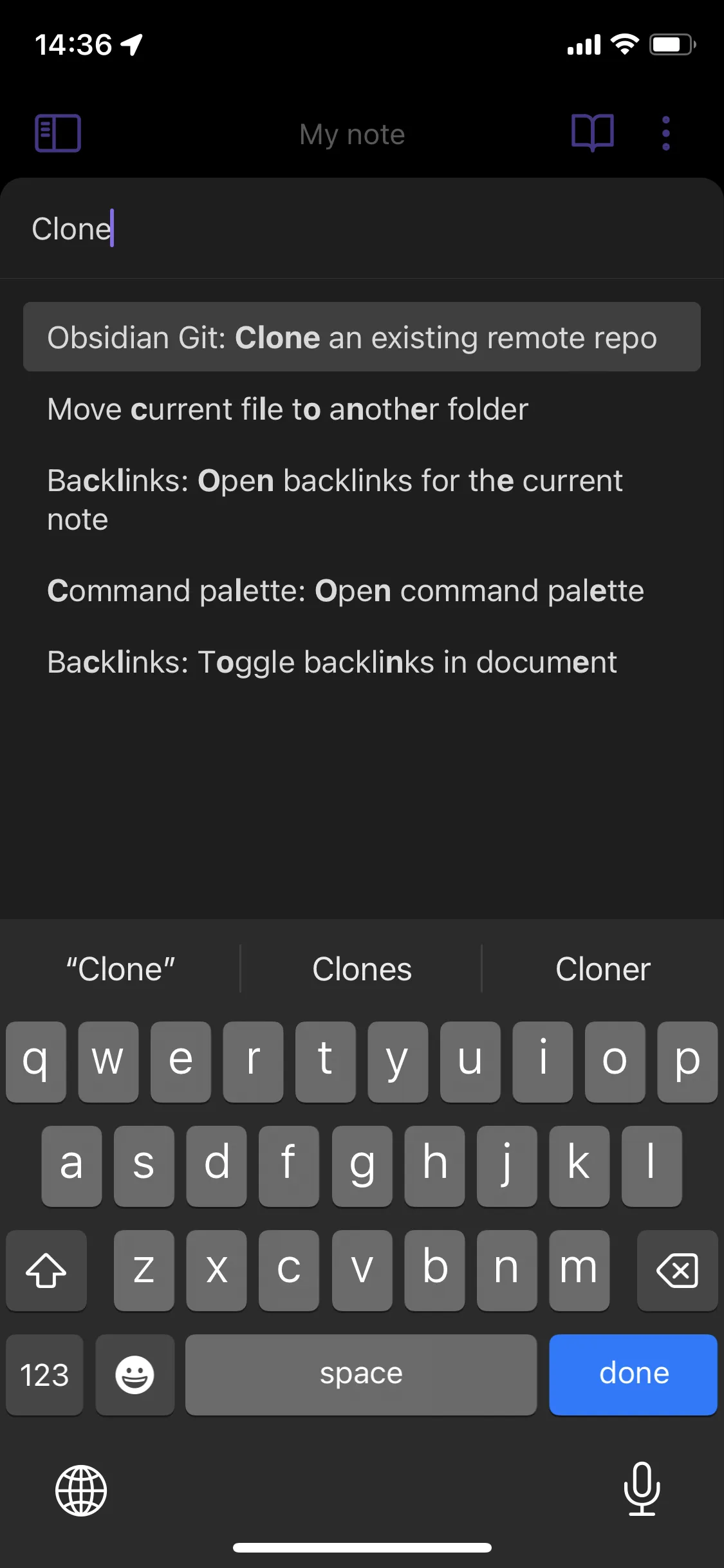 A screenshot of Obsidian on iOS with a bottom sheet. The user is looking up "Clone" and it yields several entries.