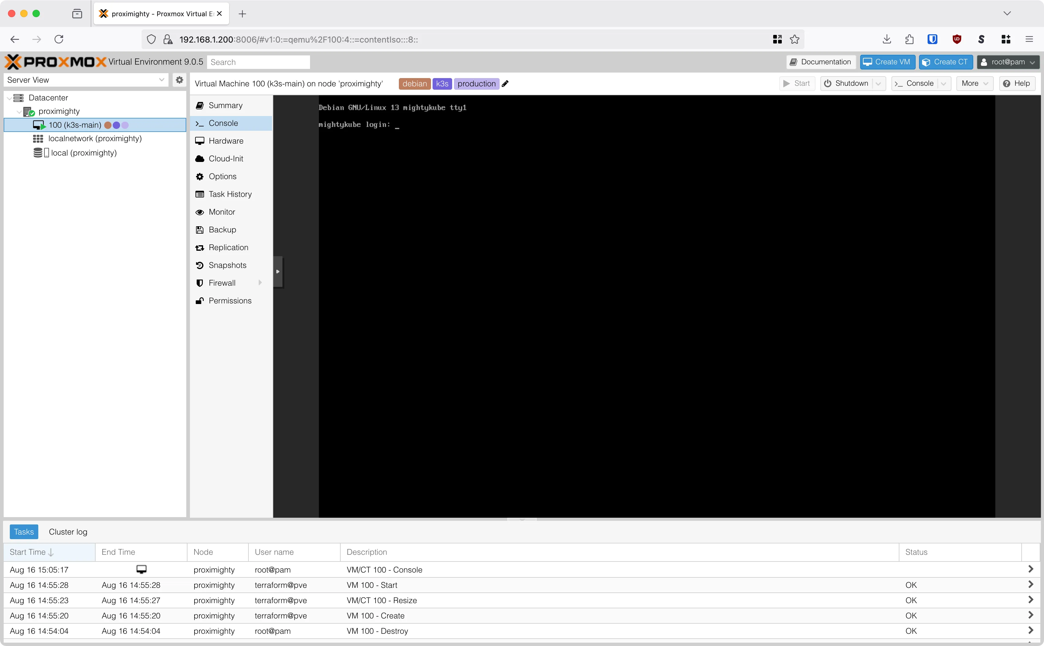 A screenshot of the Proxmox interface that shows the console of a VM called mightykube