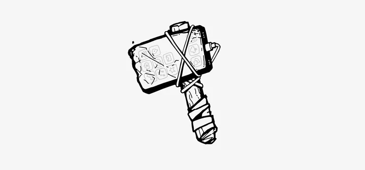 A doodle of a smartphone strapped to a stick with its own charging cable. The phone looks battered. It has been used as a hammer or an axe.
